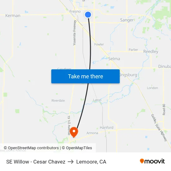 SE Willow - Cesar Chavez to Lemoore, CA map