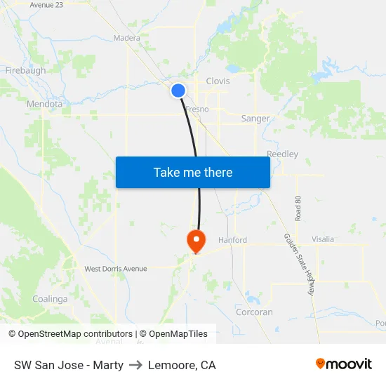 SW San Jose - Marty to Lemoore, CA map