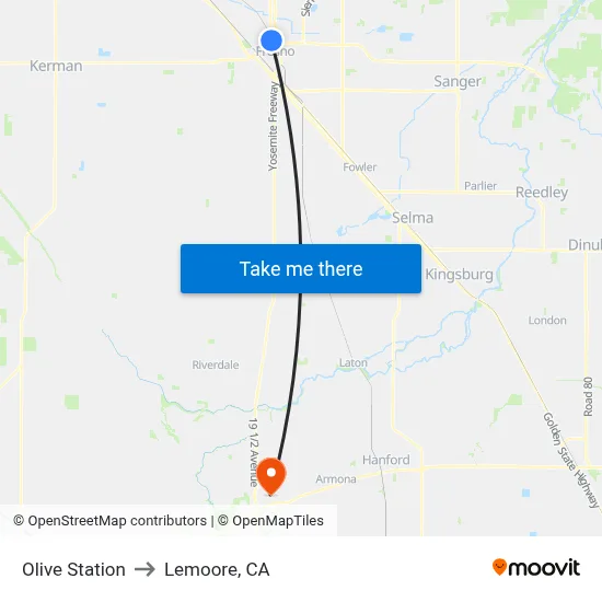 Olive Station to Lemoore, CA map