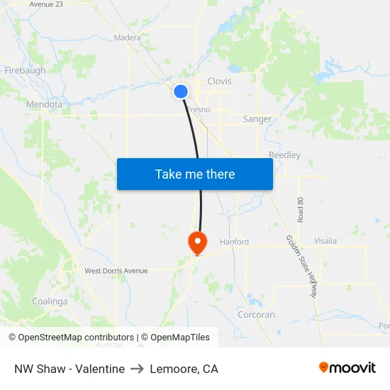 NW Shaw - Valentine to Lemoore, CA map