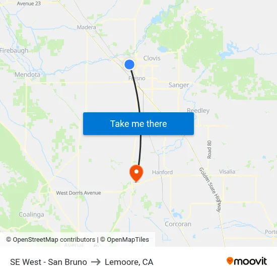 SE West - San Bruno to Lemoore, CA map