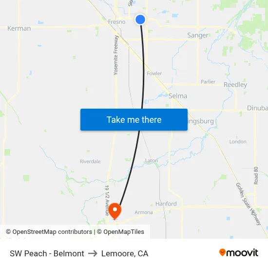 SW Peach - Belmont to Lemoore, CA map