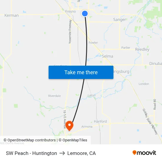 SW Peach - Huntington to Lemoore, CA map