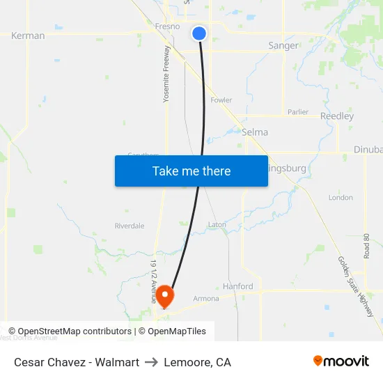 Cesar Chavez - Walmart to Lemoore, CA map
