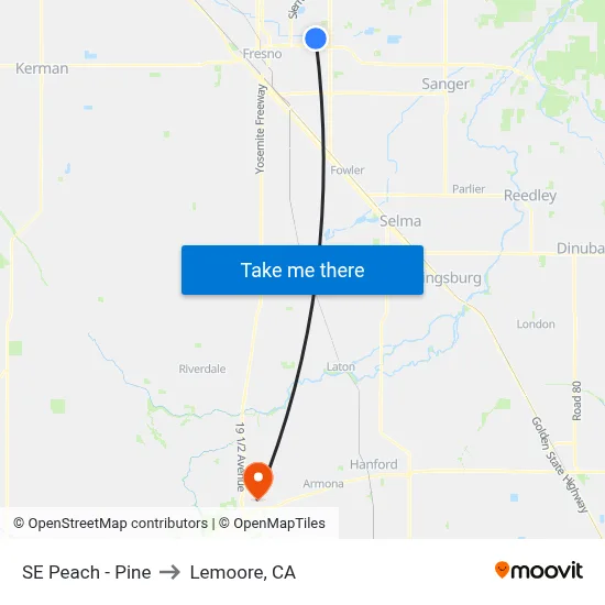 SE Peach - Pine to Lemoore, CA map