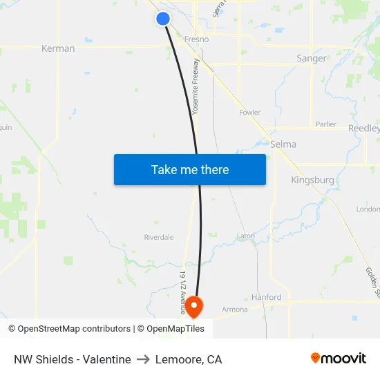 NW Shields - Valentine to Lemoore, CA map