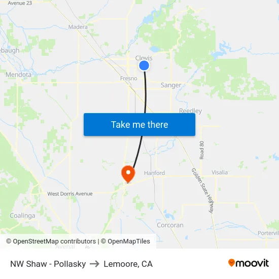 NW Shaw - Pollasky to Lemoore, CA map