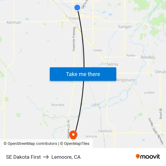 SE Dakota First to Lemoore, CA map