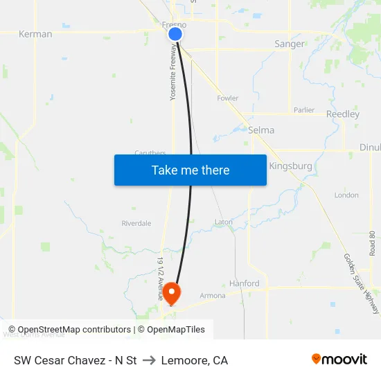 SW Cesar Chavez - N St to Lemoore, CA map