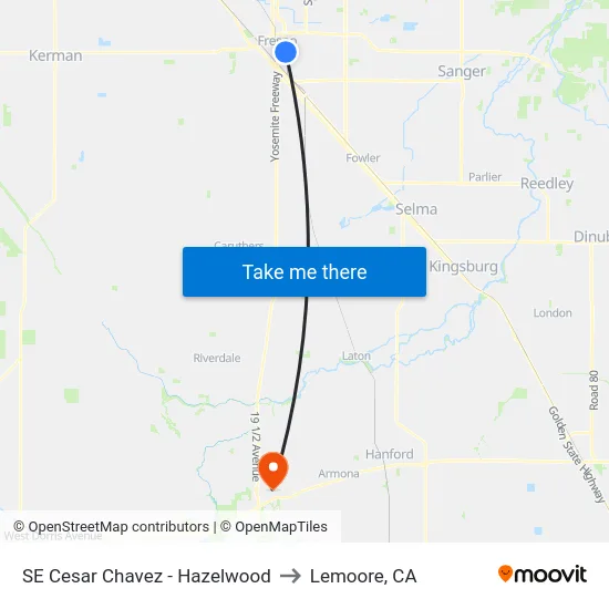 SE Cesar Chavez - Hazelwood to Lemoore, CA map