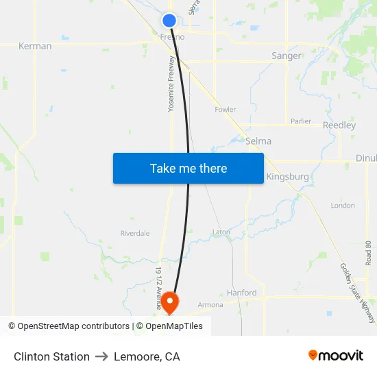 Clinton Station to Lemoore, CA map