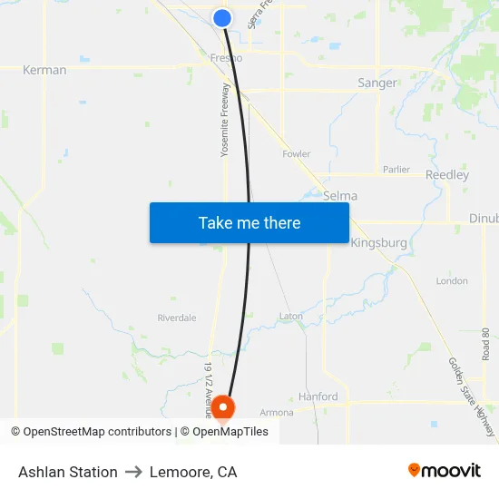 Ashlan Station to Lemoore, CA map