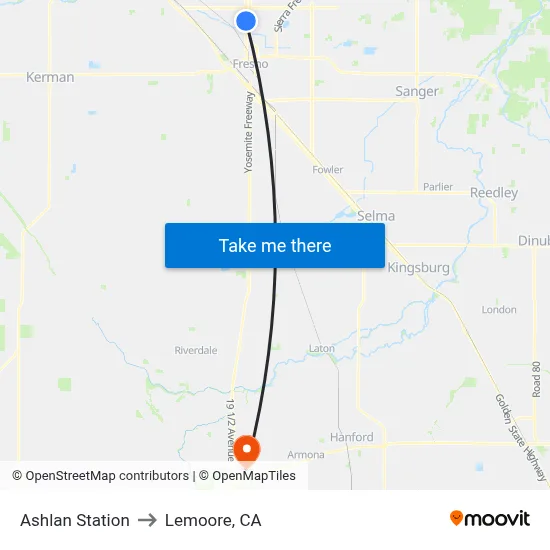 Ashlan Station to Lemoore, CA map