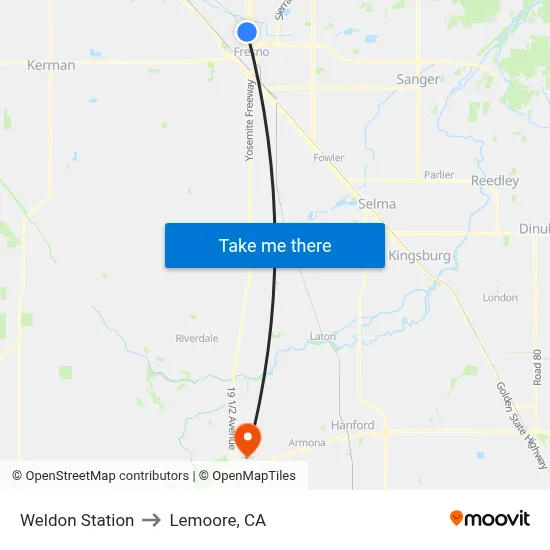 Weldon Station to Lemoore, CA map