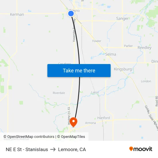 NE E St - Stanislaus to Lemoore, CA map