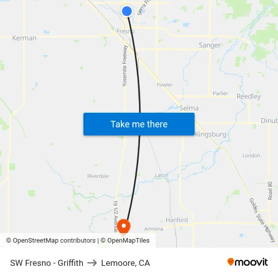 SW Fresno - Griffith to Lemoore, CA map
