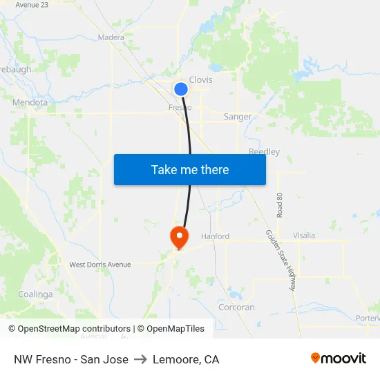 NW Fresno - San Jose to Lemoore, CA map