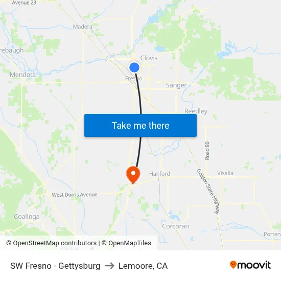 SW Fresno - Gettysburg to Lemoore, CA map