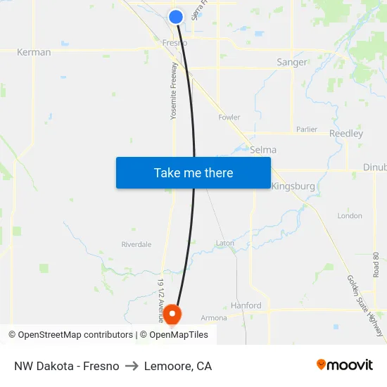 NW Dakota - Fresno to Lemoore, CA map