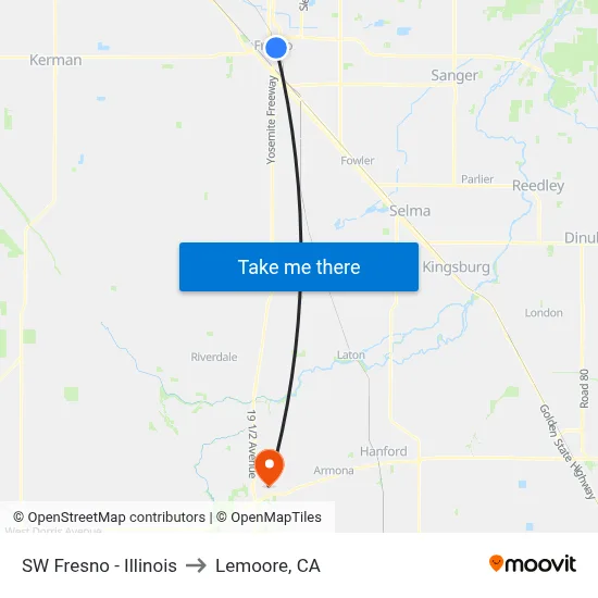 SW Fresno - Illinois to Lemoore, CA map
