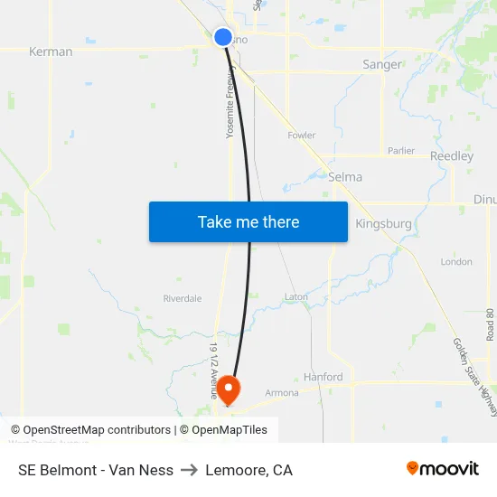 SE Belmont - Van Ness to Lemoore, CA map