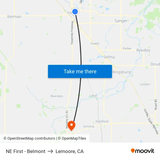 NE First - Belmont to Lemoore, CA map