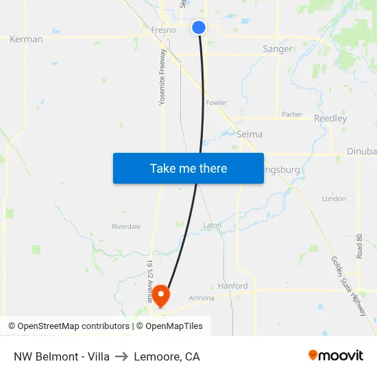 NW Belmont - Villa to Lemoore, CA map