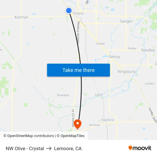 NW Olive - Crystal to Lemoore, CA map