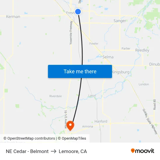 NE Cedar - Belmont to Lemoore, CA map