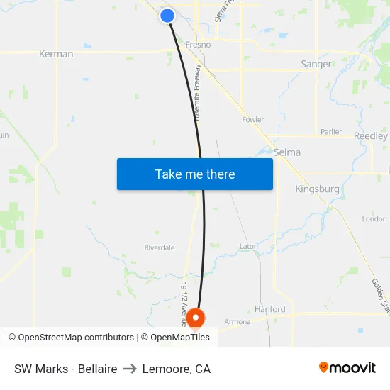 SW Marks - Bellaire to Lemoore, CA map