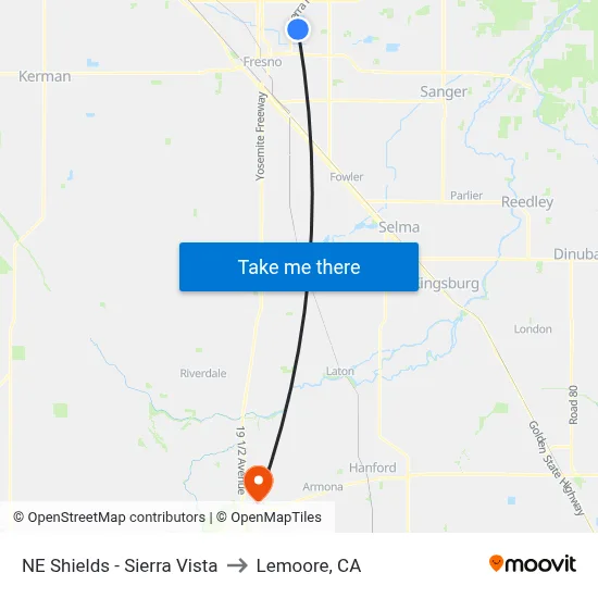 NE Shields - Sierra Vista to Lemoore, CA map