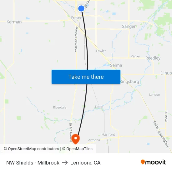 NW Shields - Millbrook to Lemoore, CA map