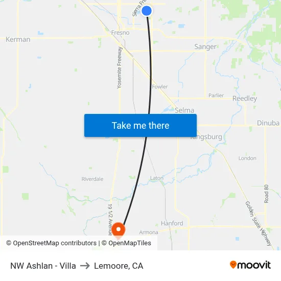 NW Ashlan - Villa to Lemoore, CA map