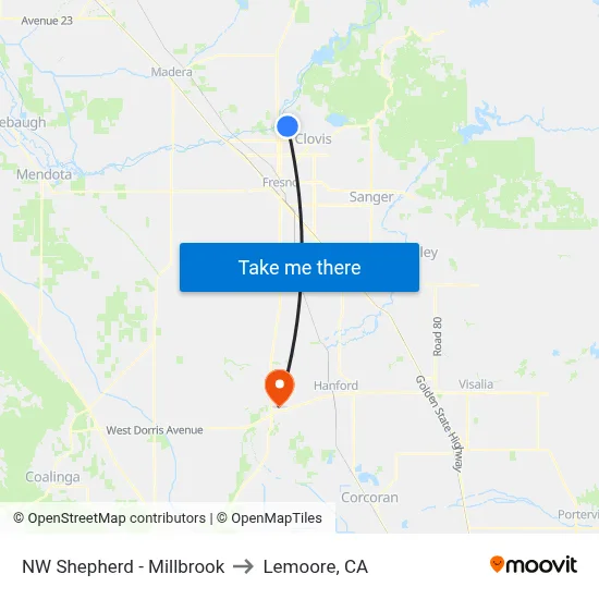 NW Shepherd - Millbrook to Lemoore, CA map