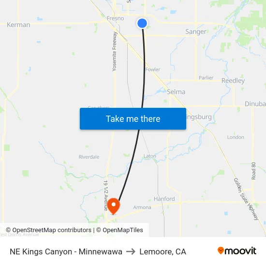 NE Kings Canyon - Minnewawa to Lemoore, CA map