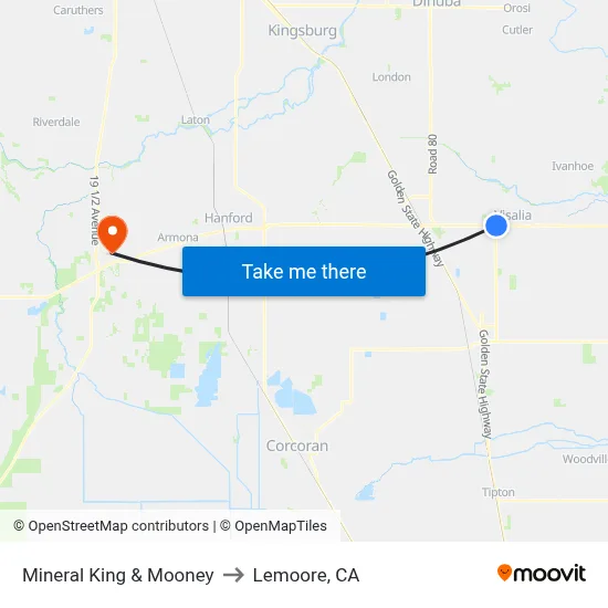Mineral King & Mooney to Lemoore, CA map