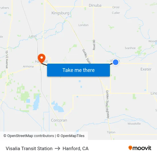 Visalia Transit Station to Hanford, CA map