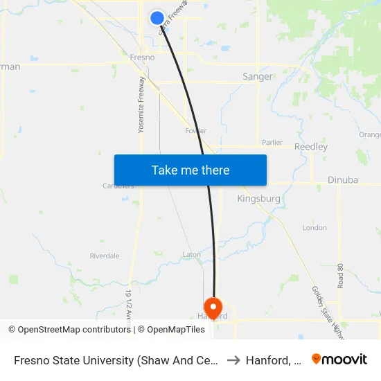 Fresno State University (Shaw And Cedar) to Hanford, CA map