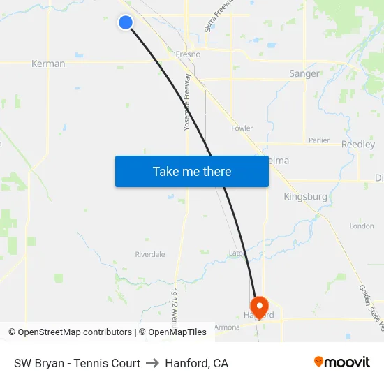 SW Bryan - Tennis Court to Hanford, CA map