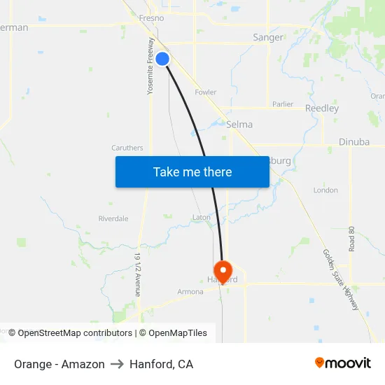 Orange - Amazon to Hanford, CA map