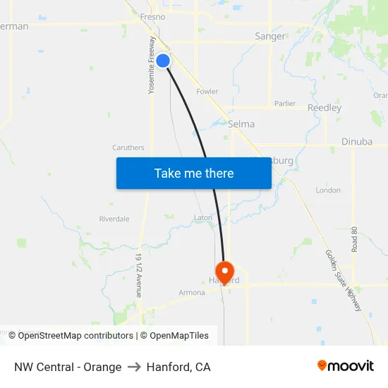 NW Central - Orange to Hanford, CA map