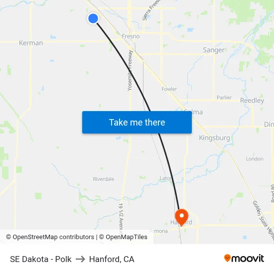 SE Dakota - Polk to Hanford, CA map