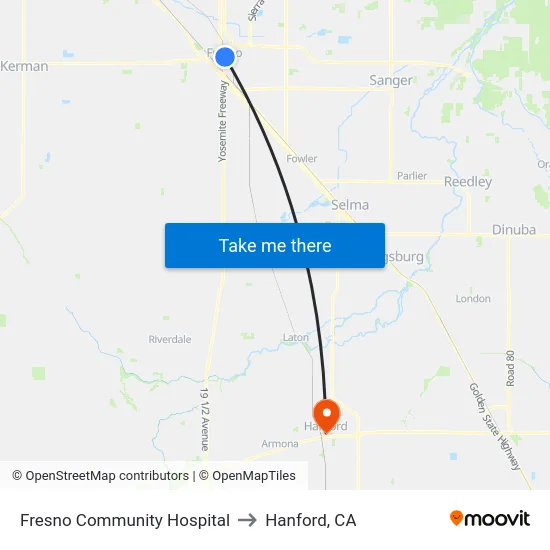 Fresno Community Hospital to Hanford, CA map