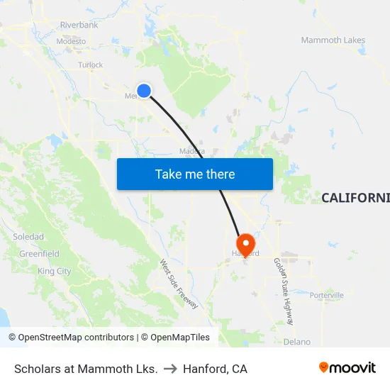 Scholars at Mammoth Lks. to Hanford, CA map