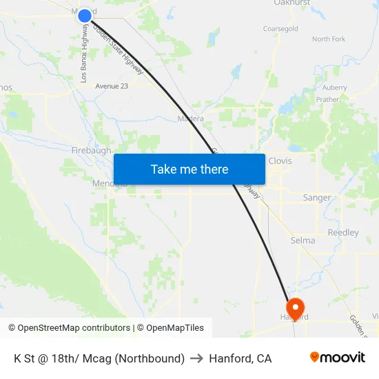 K St @ 18th/ Mcag (Northbound) to Hanford, CA map
