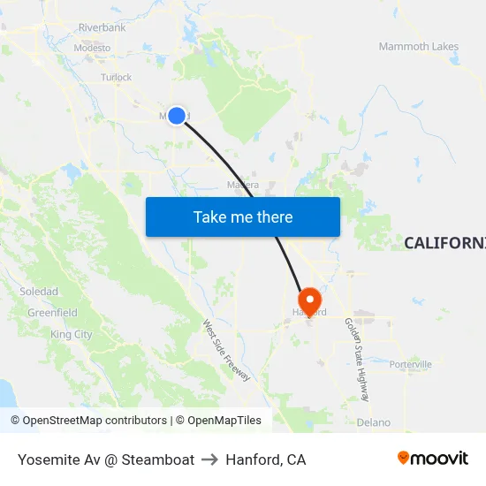 Yosemite Av @ Steamboat to Hanford, CA map