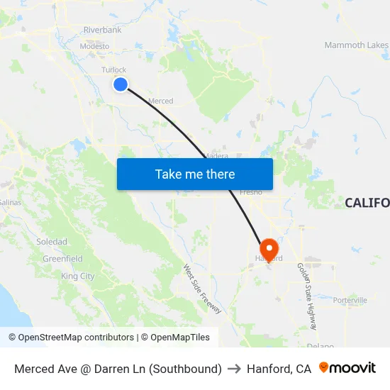 Merced Ave @ Darren Ln (Southbound) to Hanford, CA map