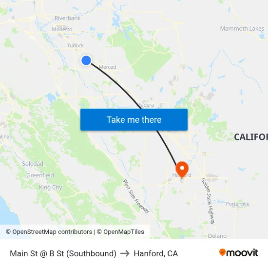 Main St @ B St (Southbound) to Hanford, CA map