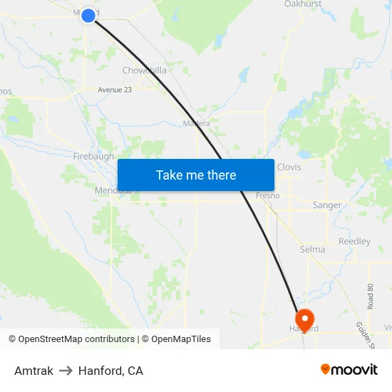 Amtrak to Hanford, CA map