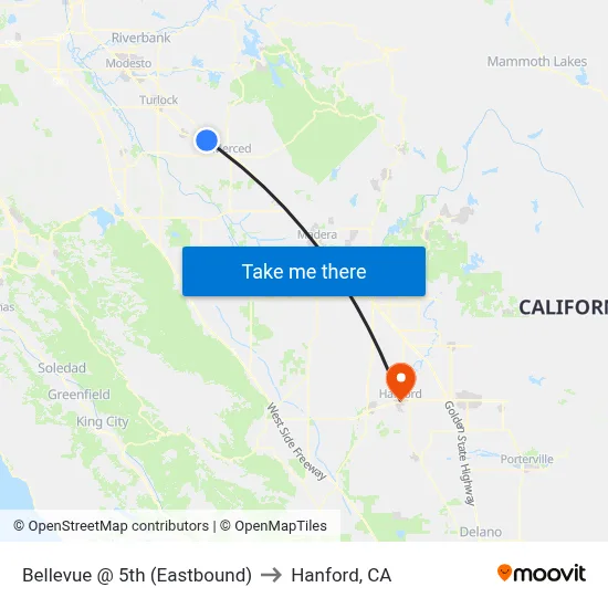 Bellevue @ 5th (Eastbound) to Hanford, CA map